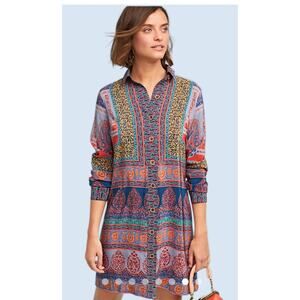 Anthropologie Maeve Casablanca Silk Shirt Dress Silk Size 4 Paisley Boho